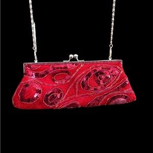 Red Beaded & Sequined Clutch Crossbody evening wear with silver chain EUC